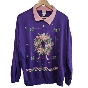 Vintage Christmas Collared Sweater Women 2X Purple Holiday Wreath Bow Festive